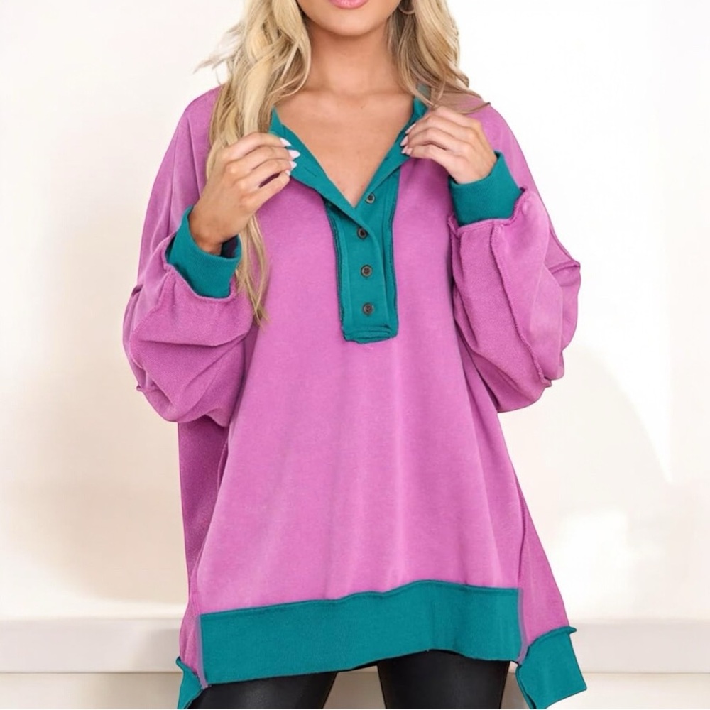 Amazon Quarter Button Down Sweater Shirt in Pink + Teal